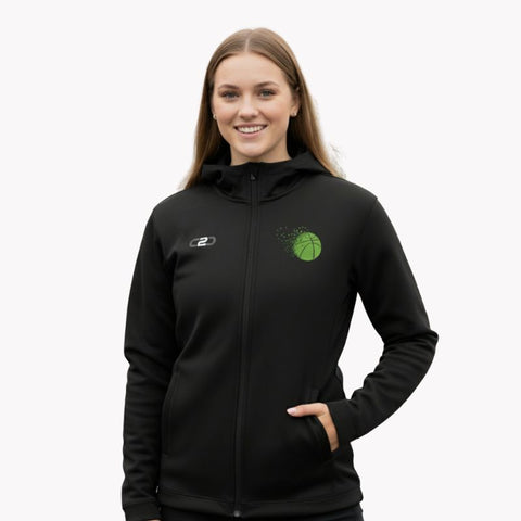 Woman wearing a black C2C glide tech zip hoodie.